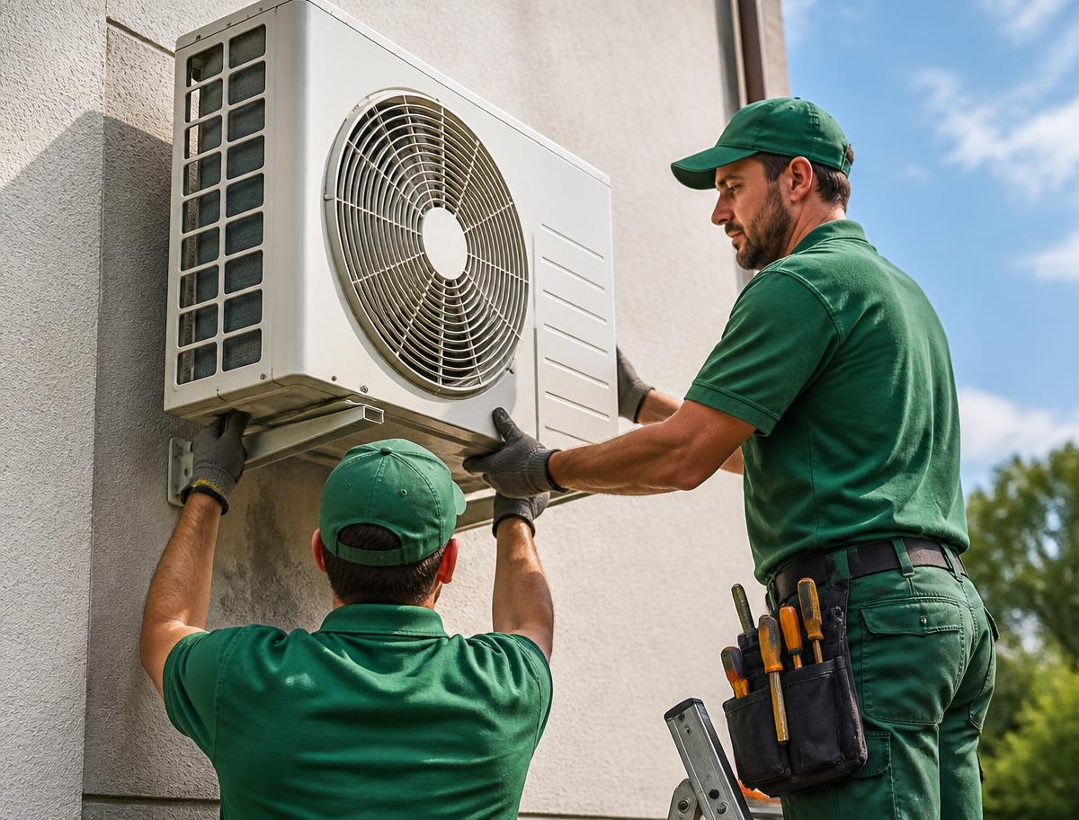 Equipe da M.A. Moura instalando uma unidade condensadora de ar-condicionado